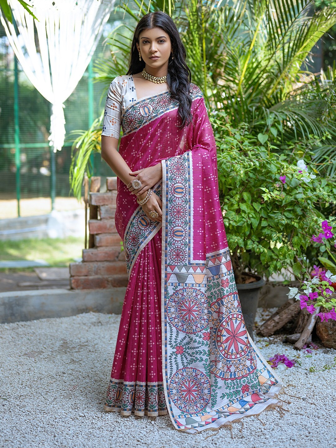

KARAGIRI Ethnic Motifs Tussar Saree, Pink