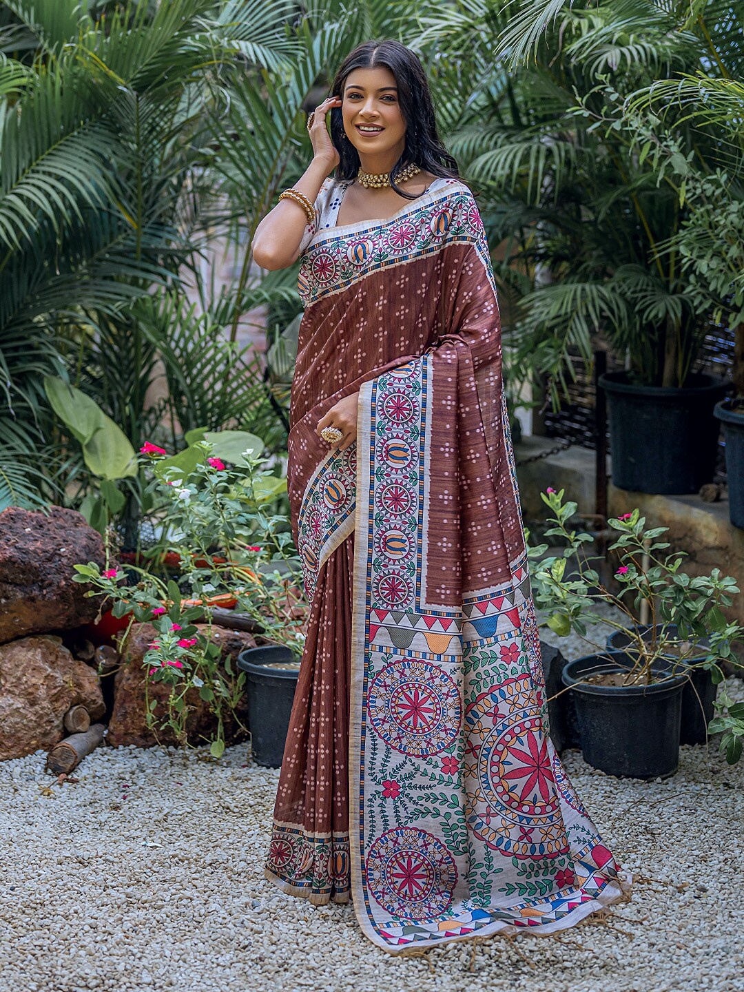 

KARAGIRI Polka Dot Tussar Saree, Coffee brown