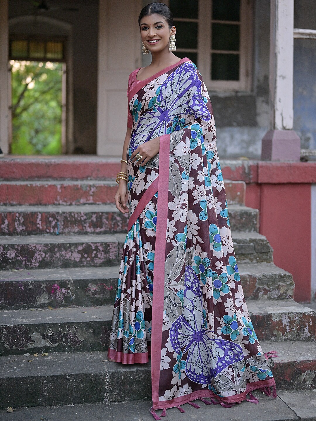 

KARAGIRI Floral Printed Silk Cotton Saree, Coffee brown