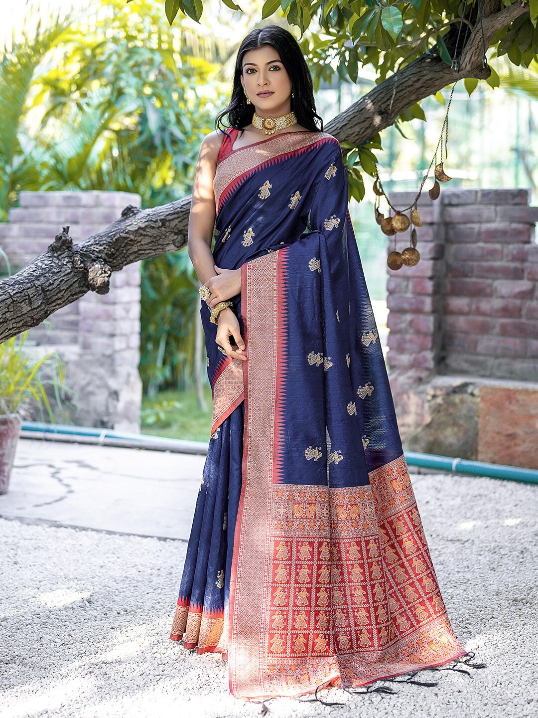 

KARAGIRI Woven Design Zari Ethnic Motifs Tussar Saree, Navy blue