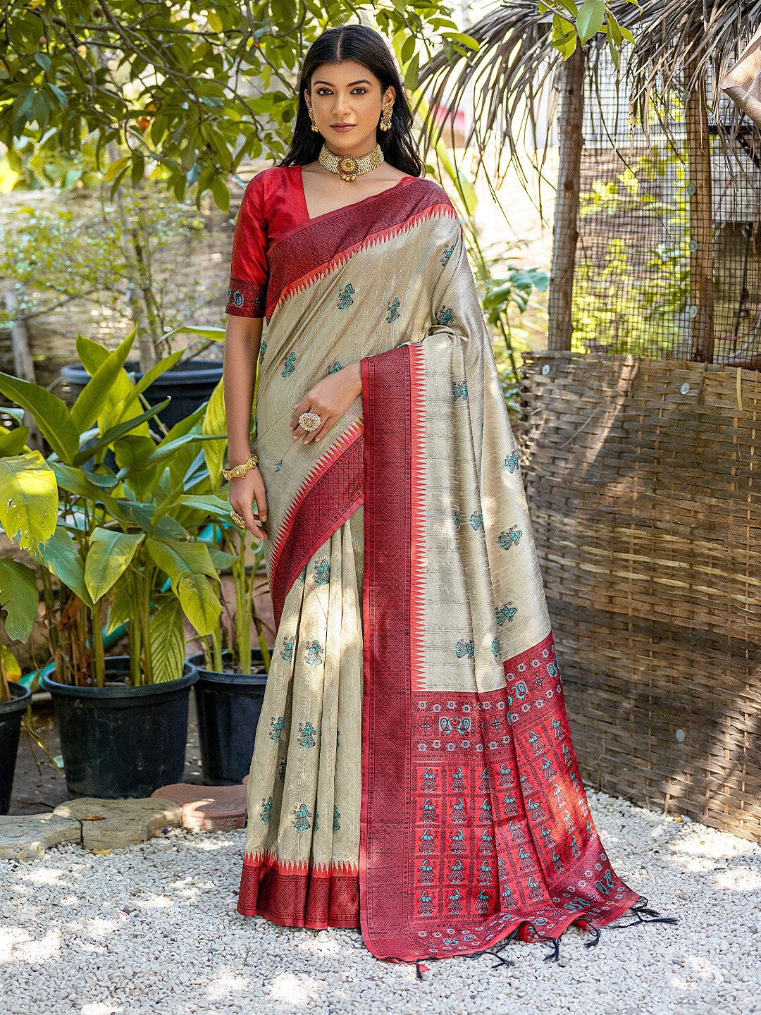 

KARAGIRI Ethnic Motifs Woven Design Zari Tussar Saree, Cream