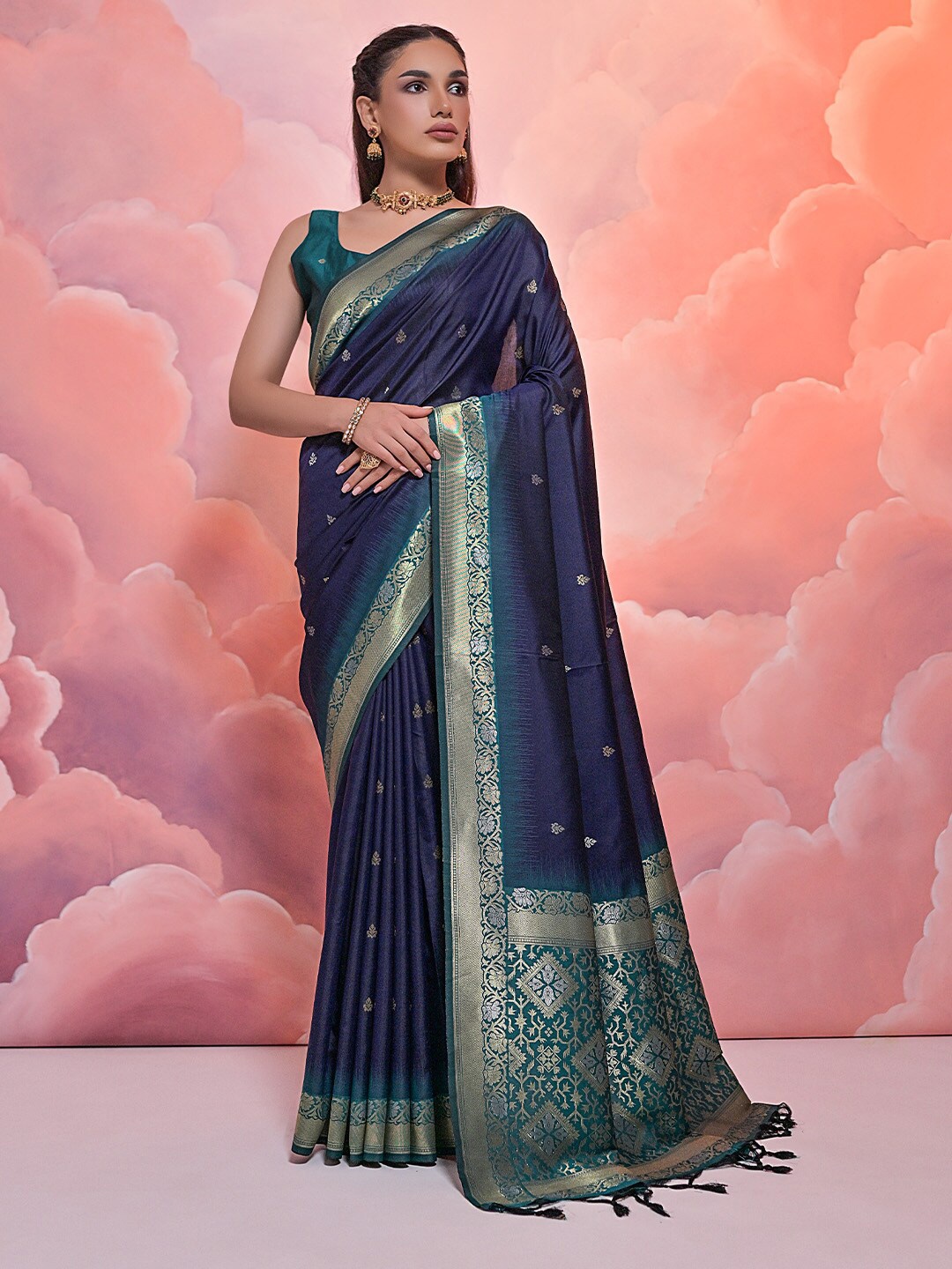 

KARAGIRI Ethnic Motifs Woven Design Zari Saree, Navy blue
