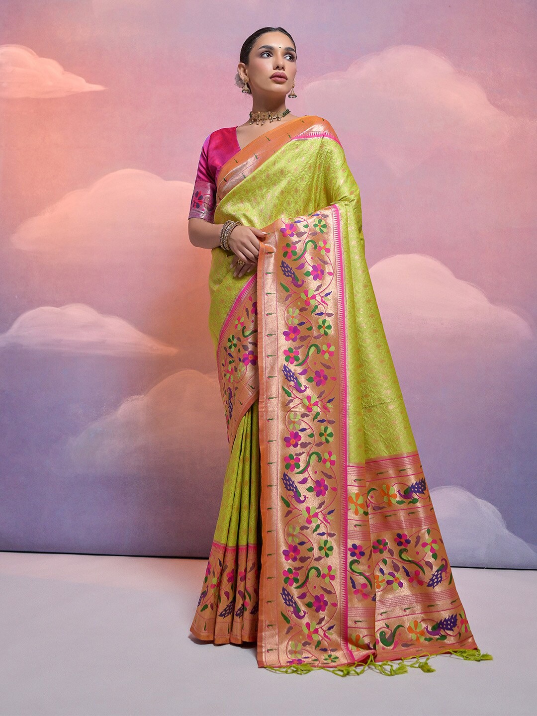 

KARAGIRI Ethnic Motifs Woven Design Zari Paithani Saree, Green