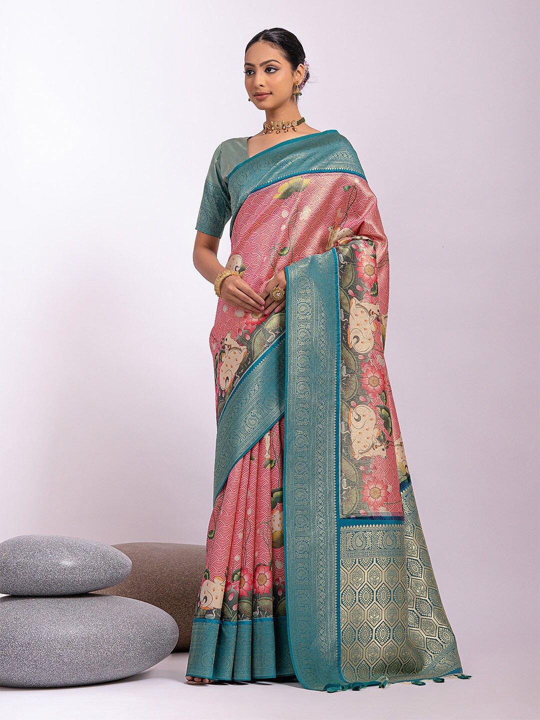 

KARAGIRI Floral Printed Zari Maheshwari Saree, Pink