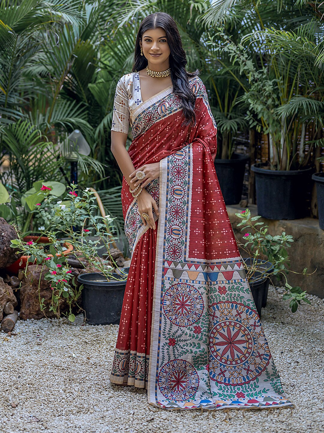 

KARAGIRI Ethnic Motifs Printed Tussar Saree, Red