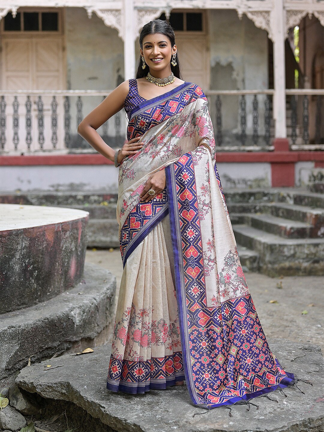 

KARAGIRI Ethnic Motifs Printed Tussar Saree, Blue