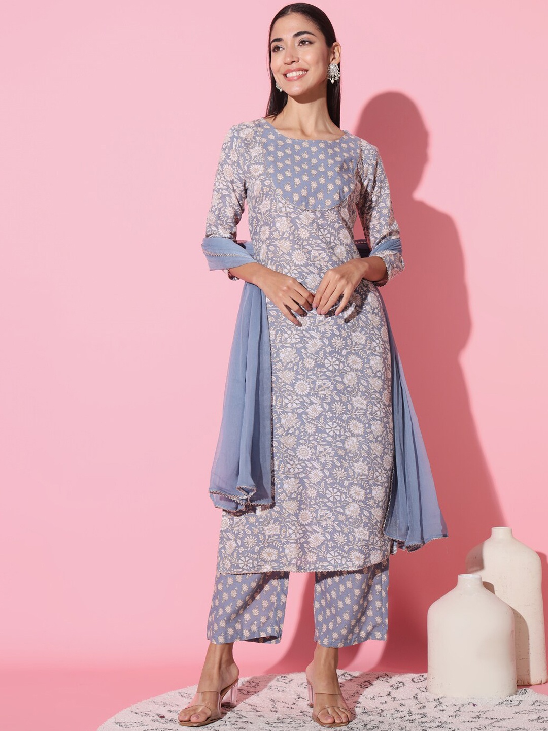 

THE52 Floral Printed Regular Kurta With Trousers & Dupatta, Grey