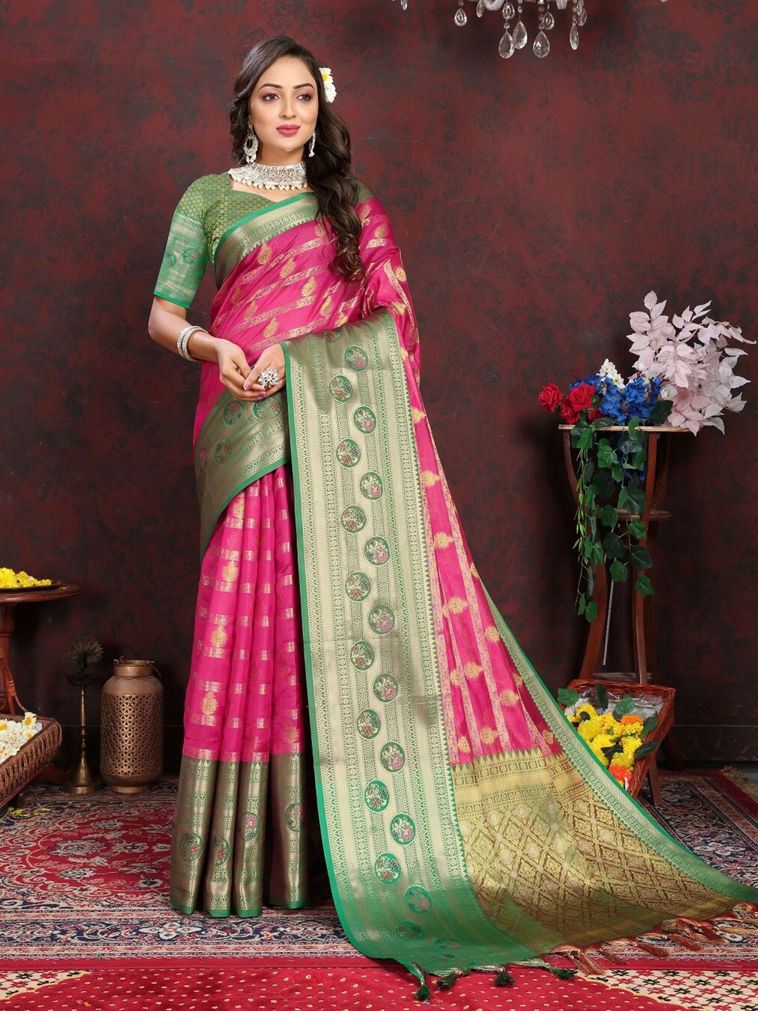 

faxofab Floral Woven Design Zari Pure Silk Banarasi Saree, Pink