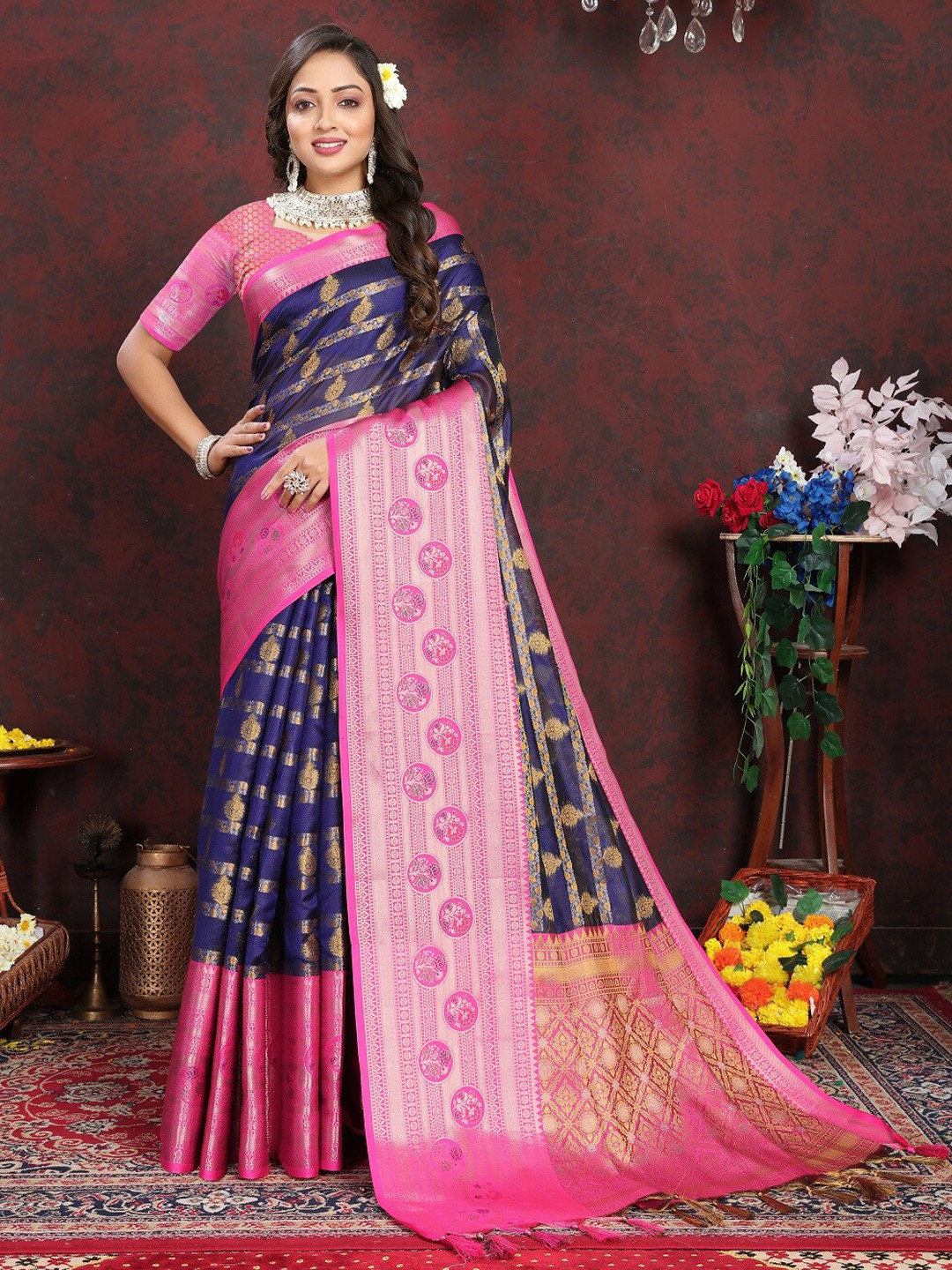 

faxofab Floral Woven Design Zari Pure Silk Banarasi Saree, Navy blue