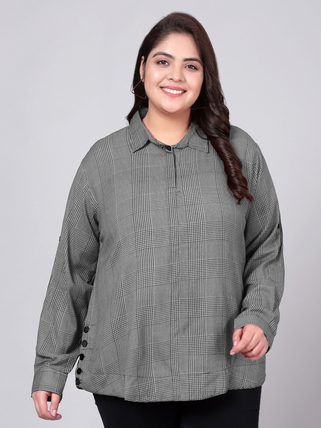 

Indietoga Plus Size Checked Classic Casual Shirt, Grey