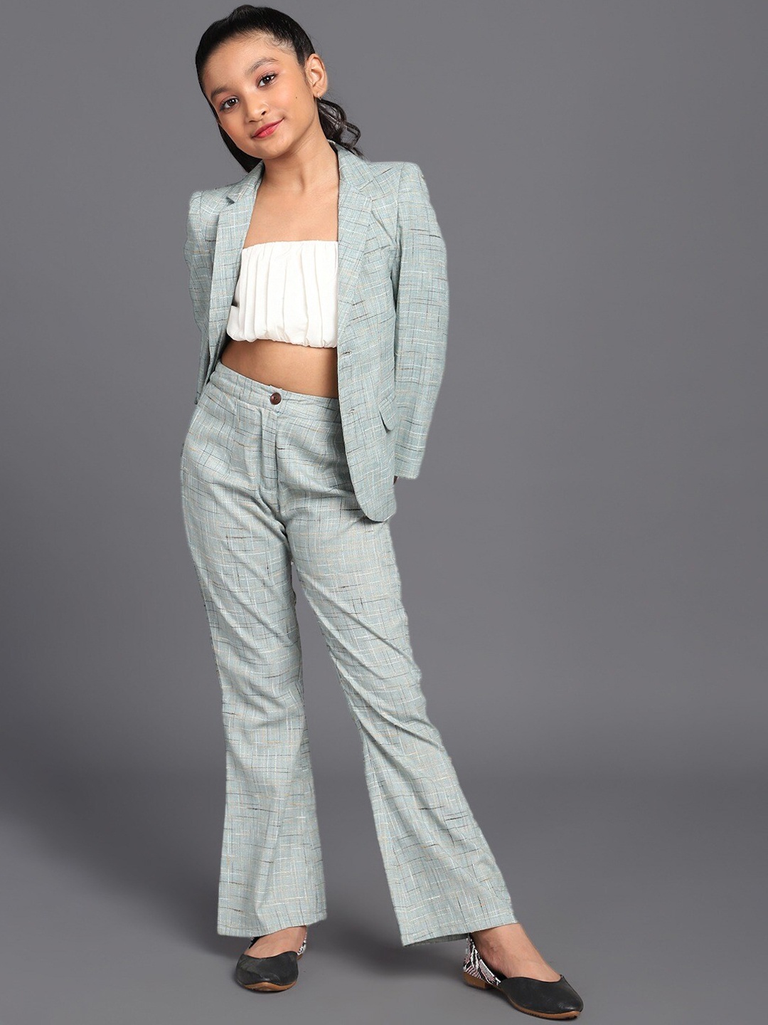 

Aks Kids Girls Checked Top with Trousers & Blazer, Blue