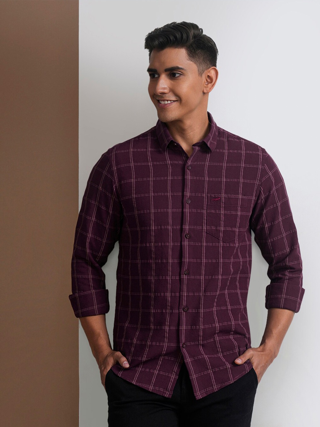 

Crocodile Slim Fit Grid Tattersall Checked Cotton Casual Shirt, Burgundy