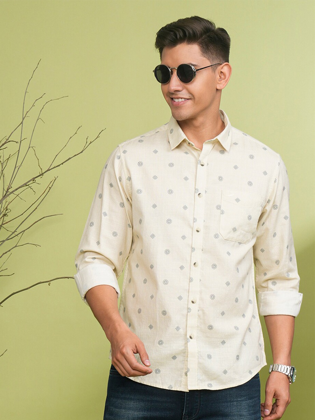 

Crocodile Comfort Printed Cotton Casual Shirt, Beige