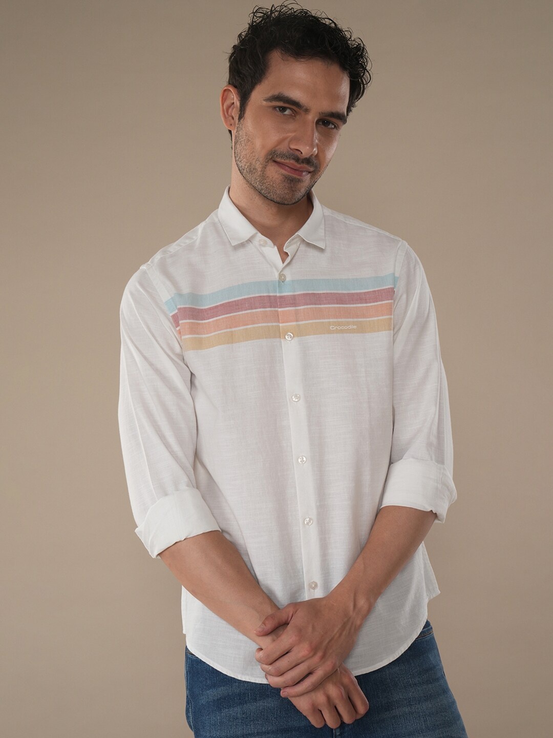 

Crocodile Comfort Horizontal Striped Spread Collar Cotton Casual Shirt, White