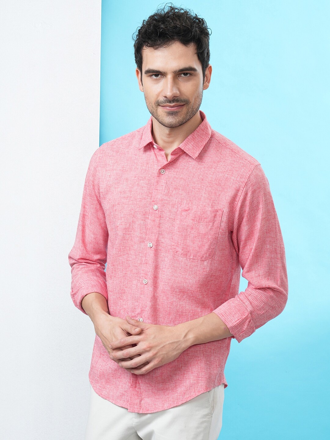 

Crocodile Comfort Vertical Striped Spread Collar Lyocell Casual Shirt, Red