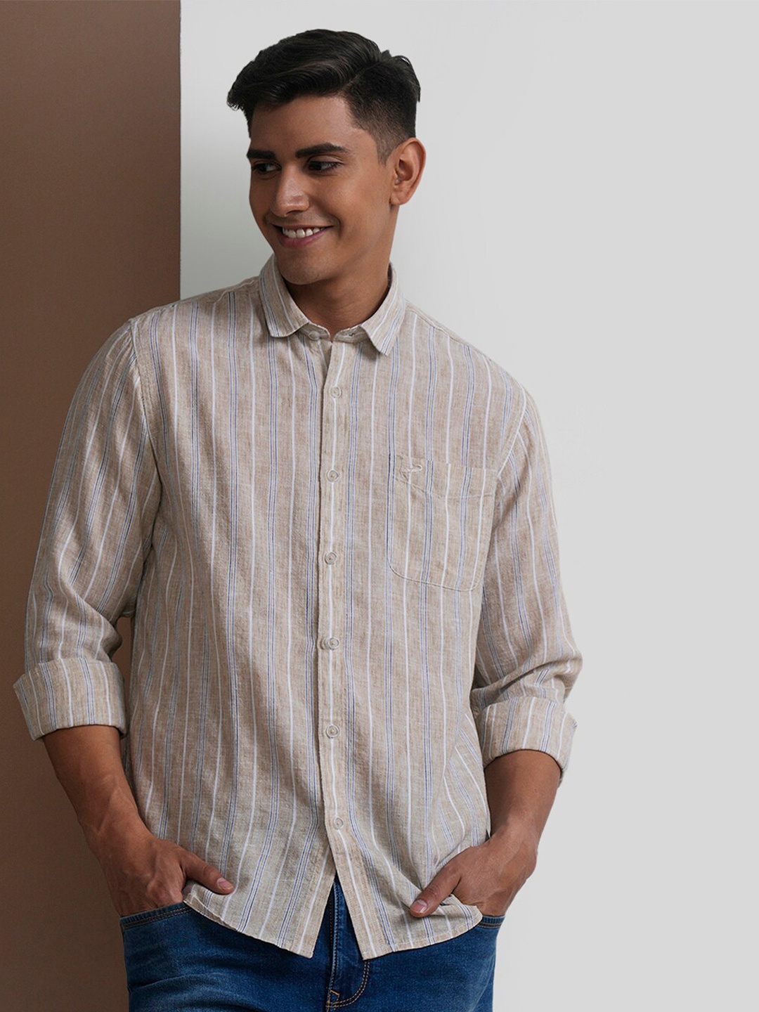 

Crocodile Comfort Vertical Striped Spread Collar Lyocell Casual Shirt, Beige