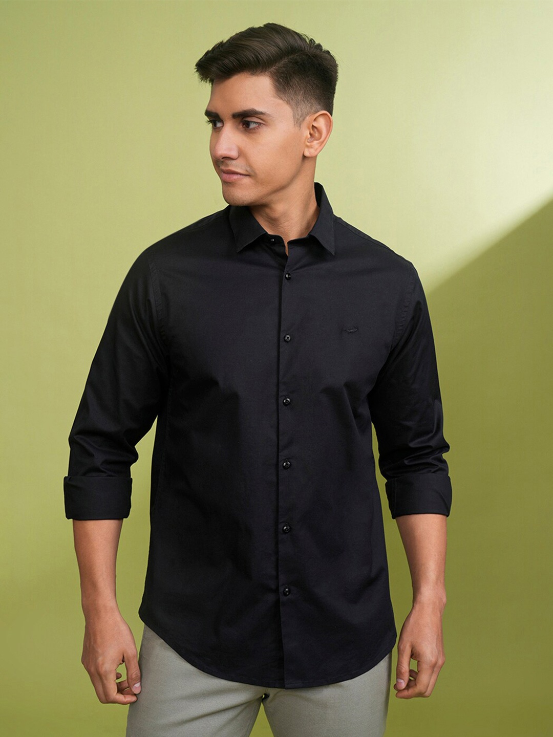 

Crocodile Comfort Spread Collar Cotton Casual Shirt, Black