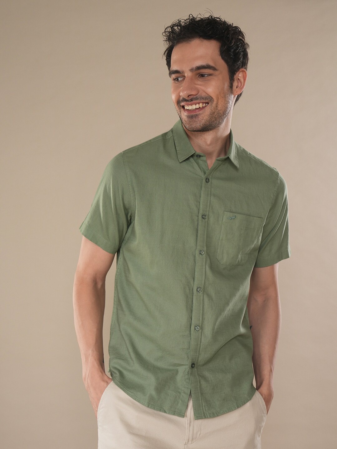 

Crocodile Comfort Spread Collar Cotton Casual Shirt, Green