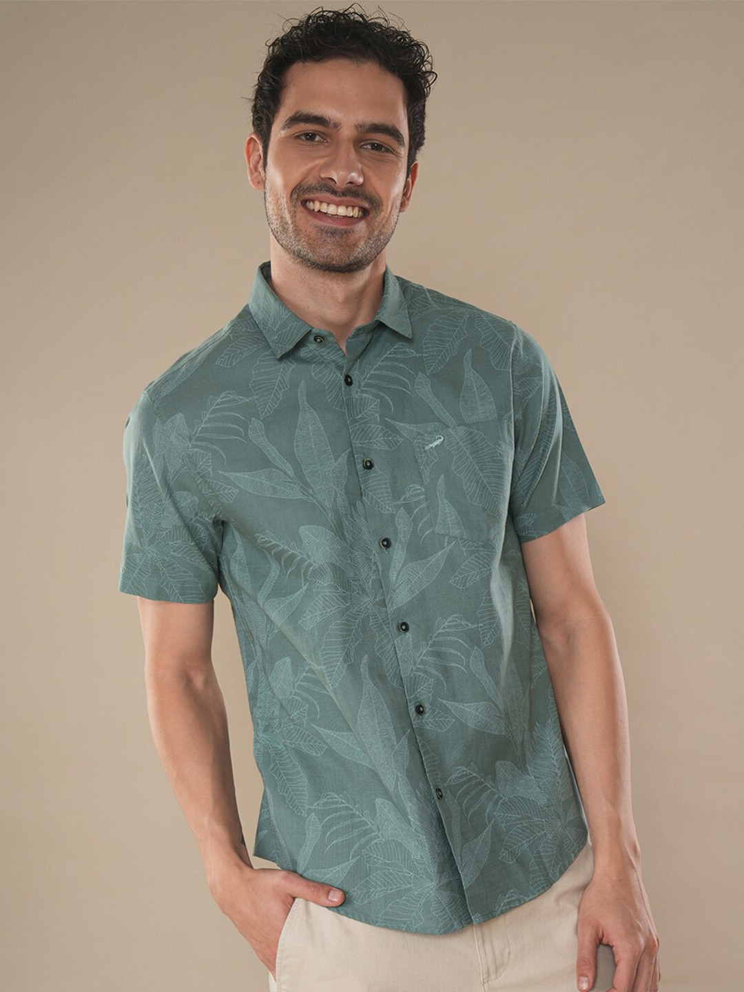 

Crocodile Comfort Floral Printed Spread Collar Cotton Casual Shirt, Green