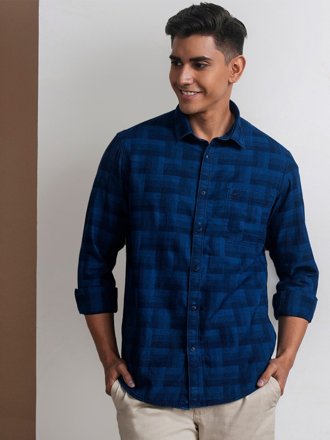 

Crocodile Comfort Checked Spread Collar Cotton Casual Shirt, Blue