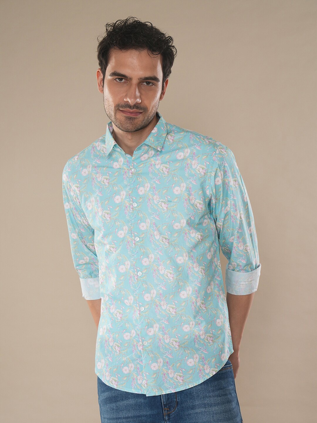 

Crocodile Comfort Floral Printed Spread Collar Cotton Casual Shirt, Blue