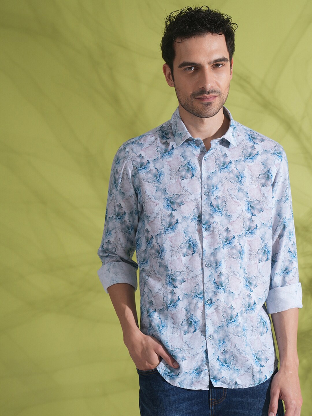 Crocodile Comfort Floral Printed Spread Collar Cotton Casual Shirt, White