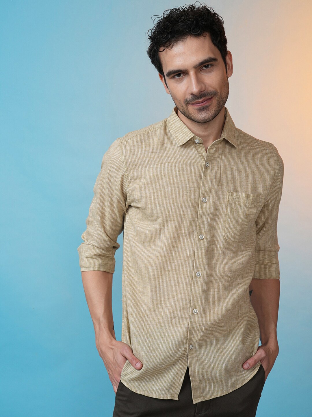 

Crocodile Comfort Vertical Striped Spread Collar Lyocell Casual Shirt, Khaki