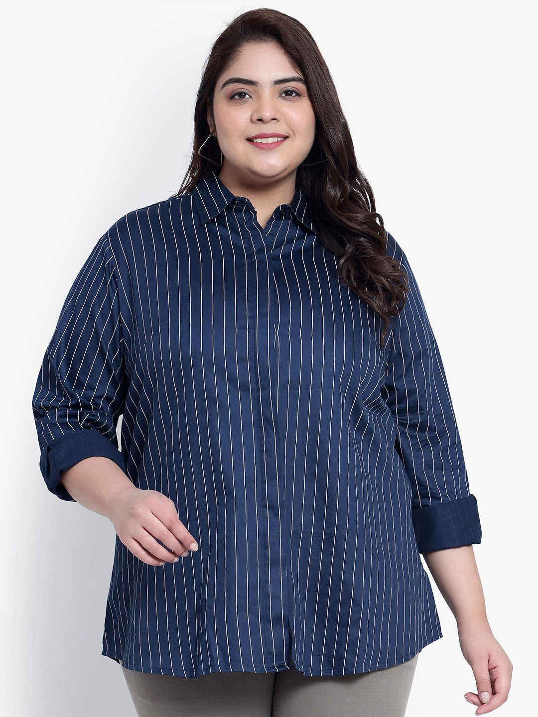 

Indietoga Women Plus Size Vertical Striped Classic Slim Fit Cotton Formal Shirt, Blue