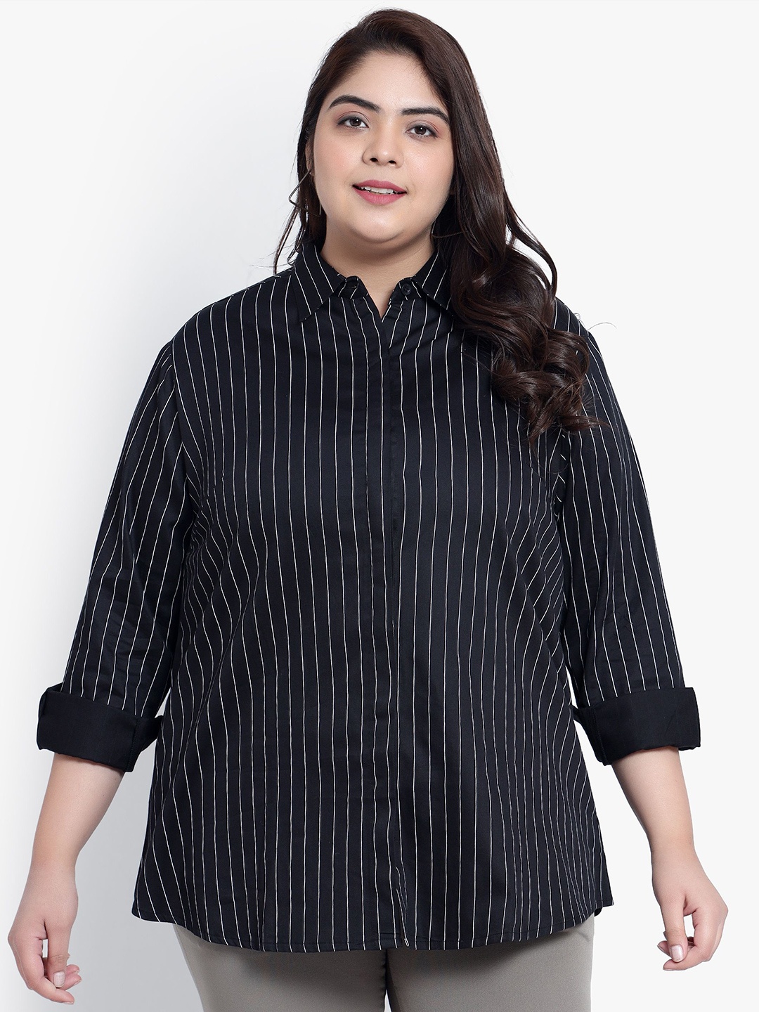 

Indietoga Plus Size Vertical Striped Classic Slim Fit Cotton Formal Shirts, Black