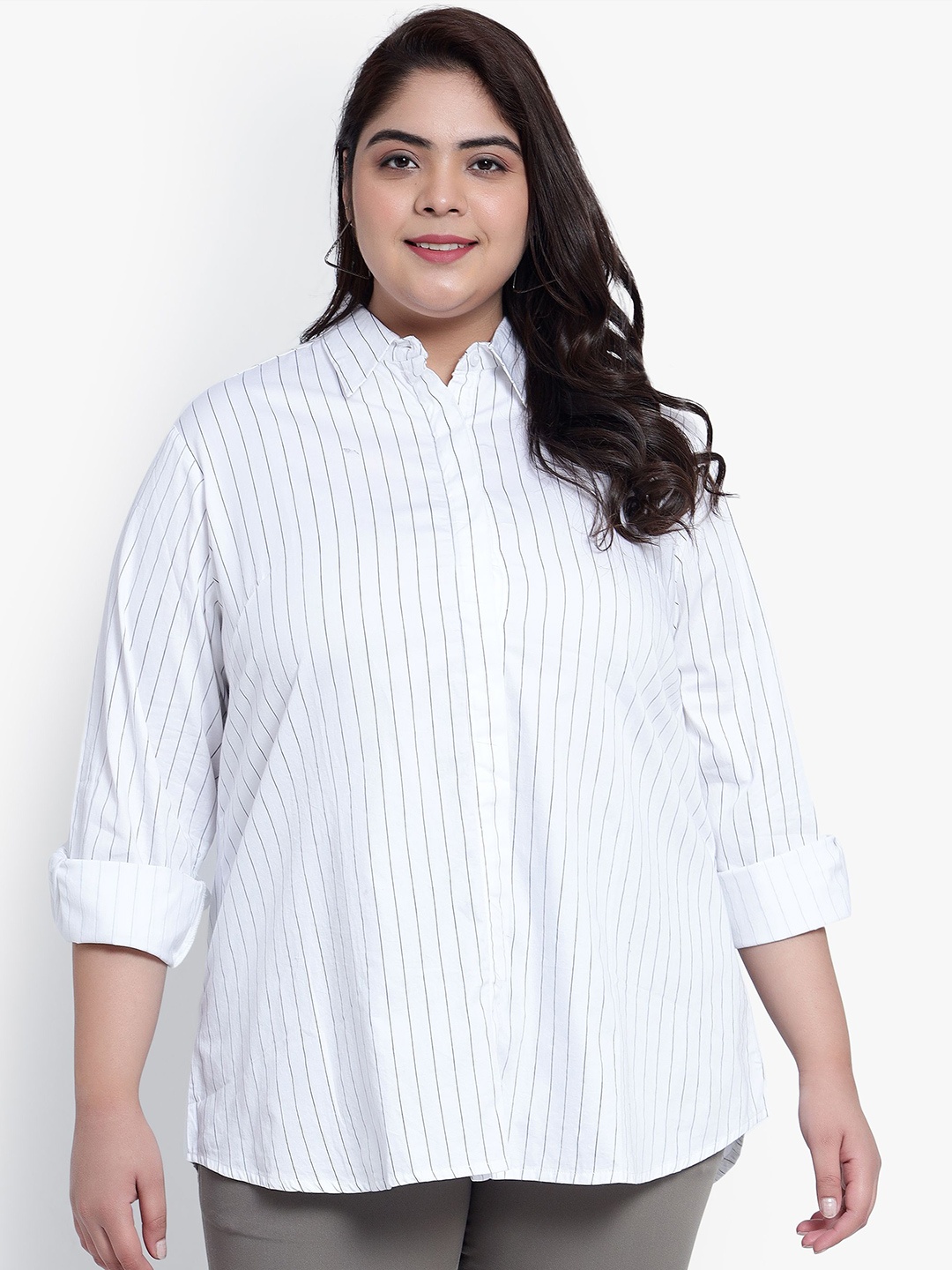

Indietoga Plus Size Vertical Striped Classic Slim Fit Cotton Formal Shirts, White