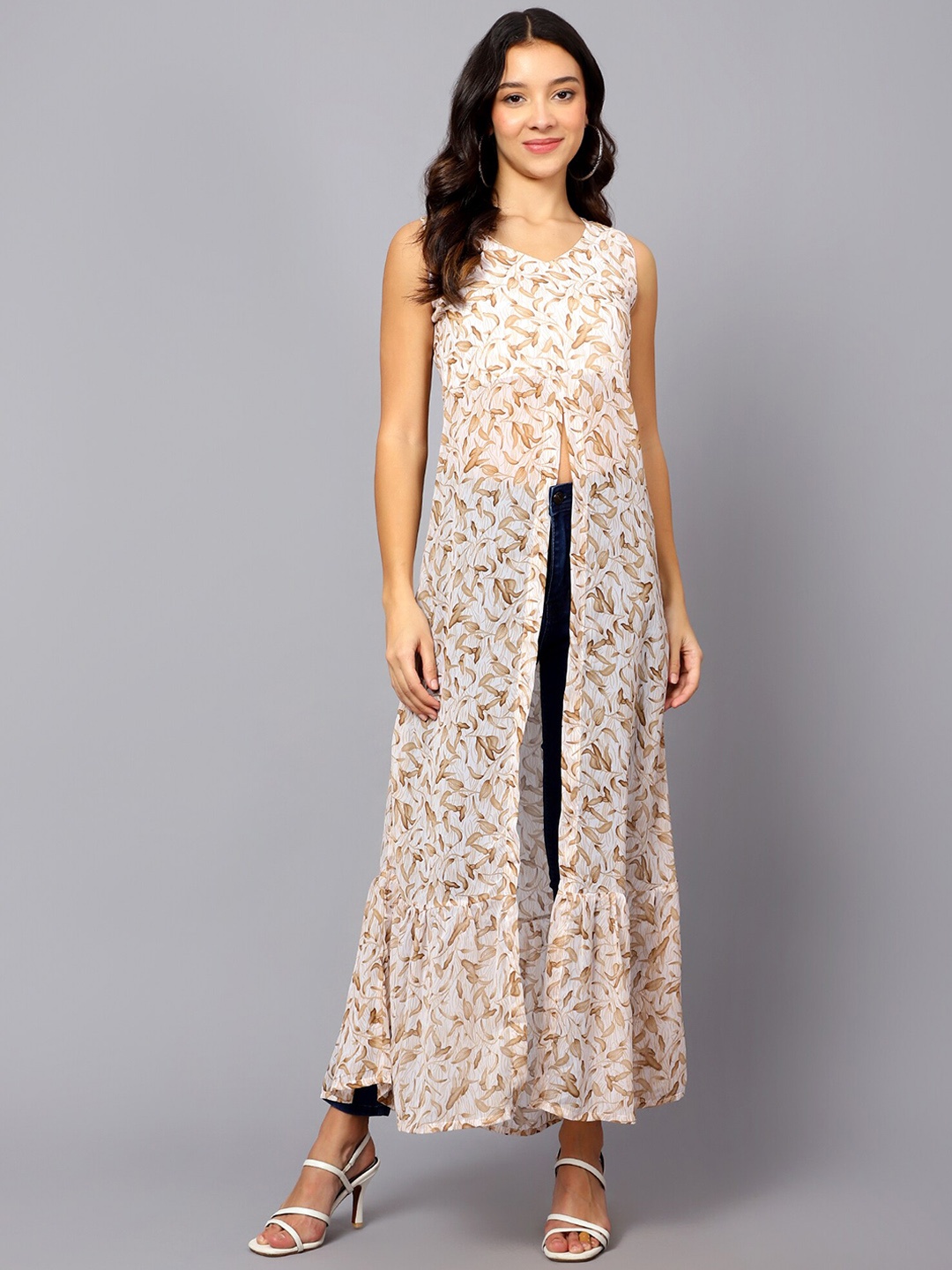

VESICLE Floral Printed Front High Slit Georgette Kurta, Brown