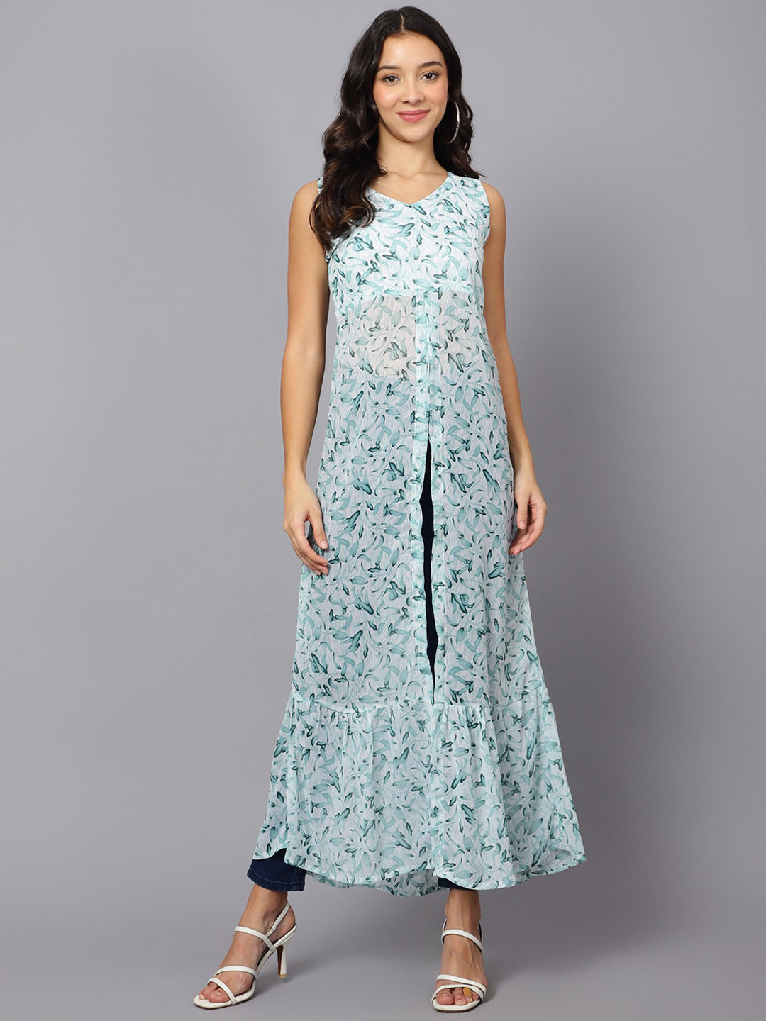 

VESICLE Floral Printed Front High Slit Georgette Kurta, Green