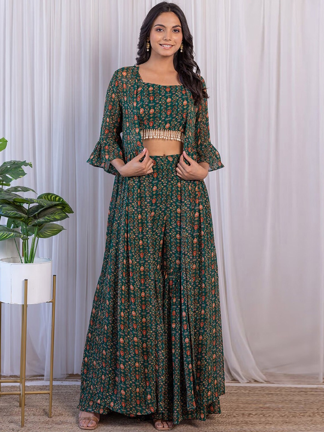 

ODETTE 3-Piece Ethnic Motifs Printed Georgette Co-Ord Set, Green