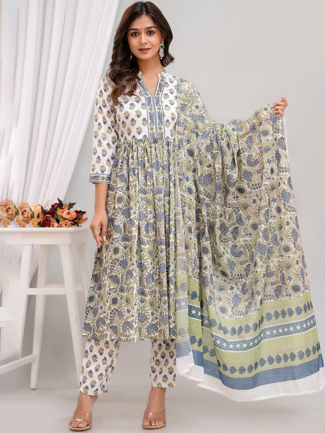 

BAIRAJ Floral Printed Empire Kurta with Trousers & With Dupatta, White