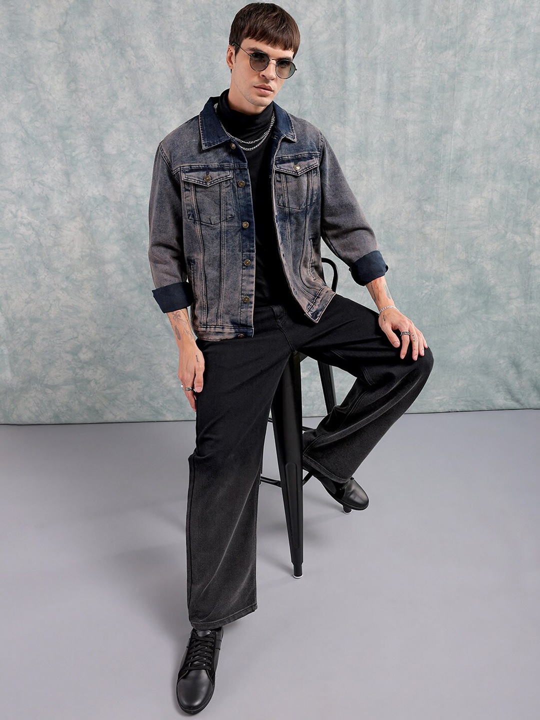 

The Indian Garage Co Spread Collar Washed Denim Jacket, Blue