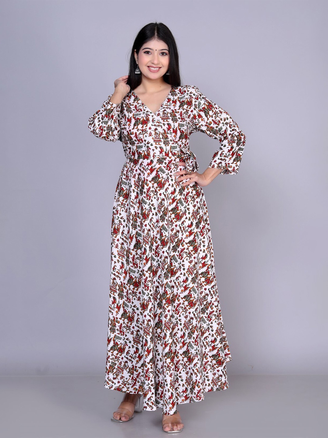 

VYKOO Ethnic Motifs Printed Anarkali Dress, White