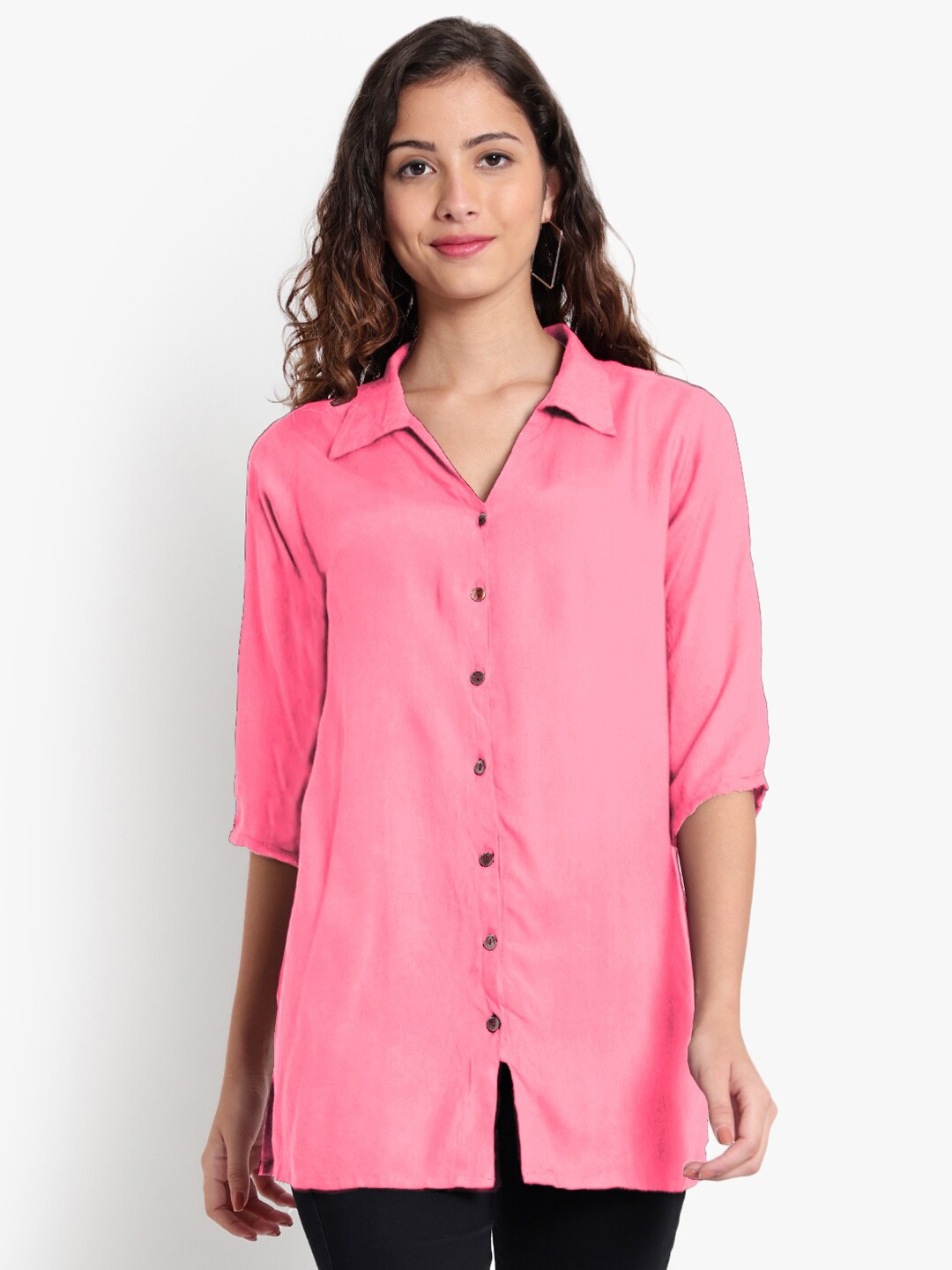 

Indietoga Classic Spread Collar Longline Casual Shirt, Pink