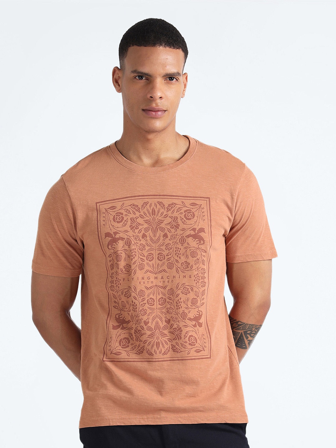 

Flying Machine Floral Printed Pure Cotton T-Shirt, Orange
