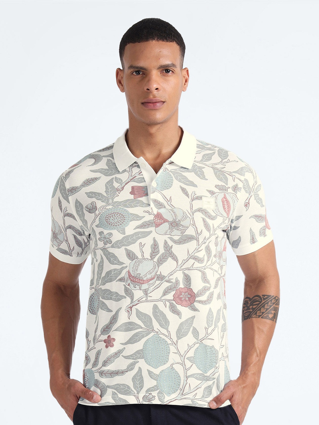 

Flying Machine Floral Printed Polo Collar Pure Cotton T-Shirt, White