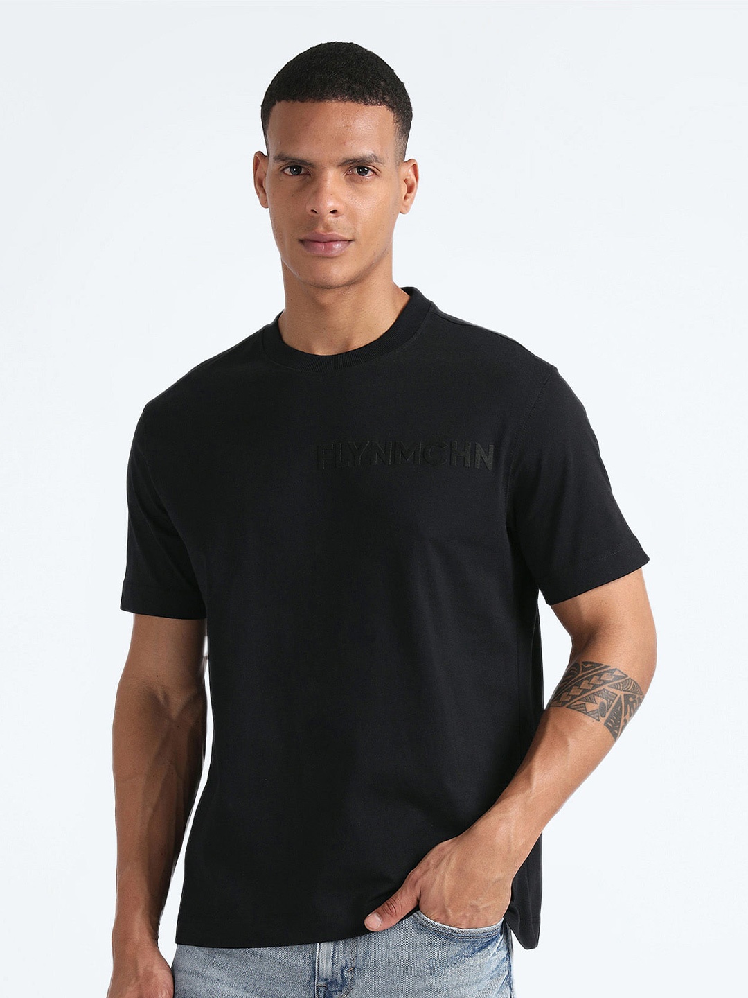 

Flying Machine Round Neck Pure Cotton T-Shirt, Black