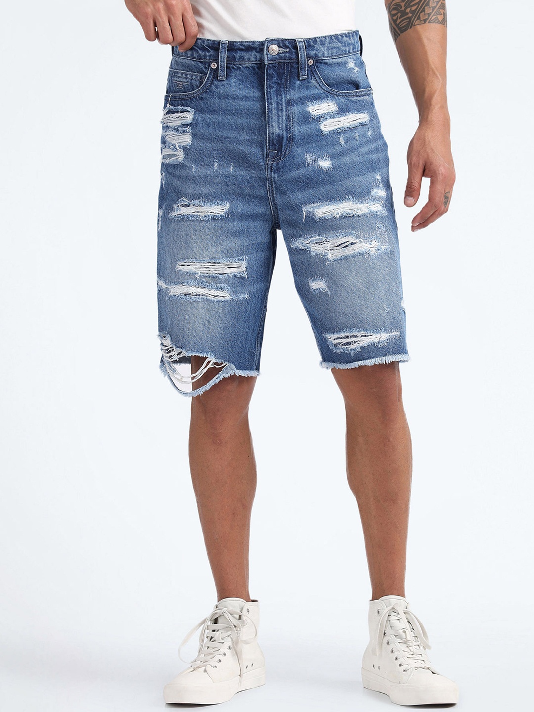 

Flying Machine Men Mid-Rise Distressed Denim Shorts, Blue