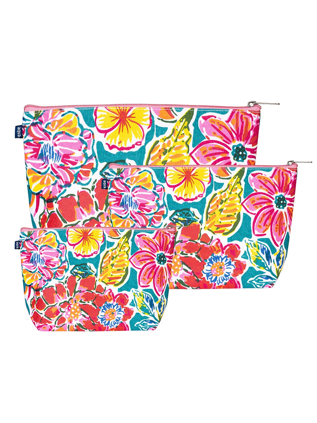 

AQVA Set of 3 Floral Printed Eco Friendly Cotton Canvas Travel Pouch, Blue