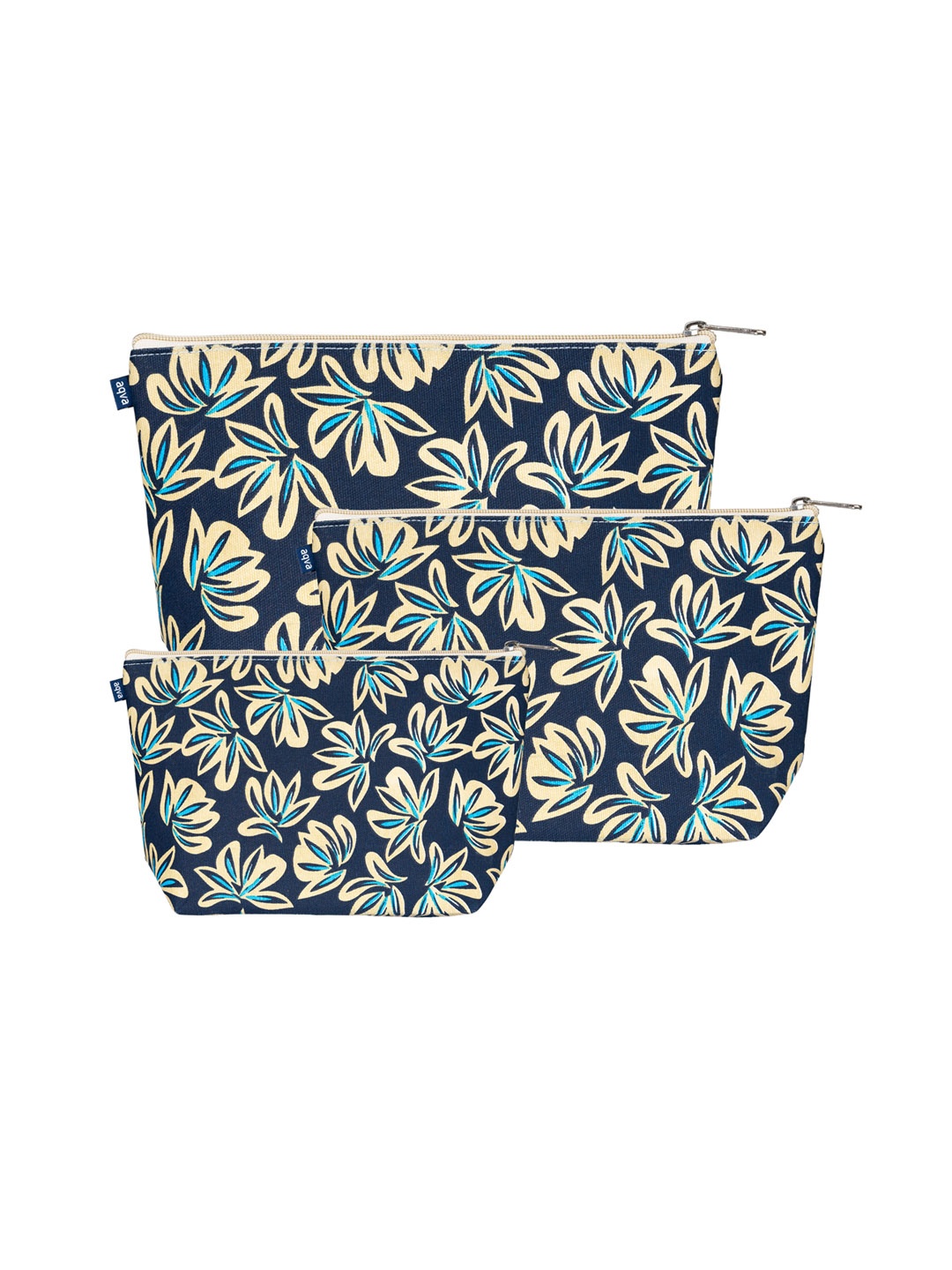 

AQVA Set of 3 Floral Printed Eco Friendly Cotton Canvas Travel Pouch, Navy blue
