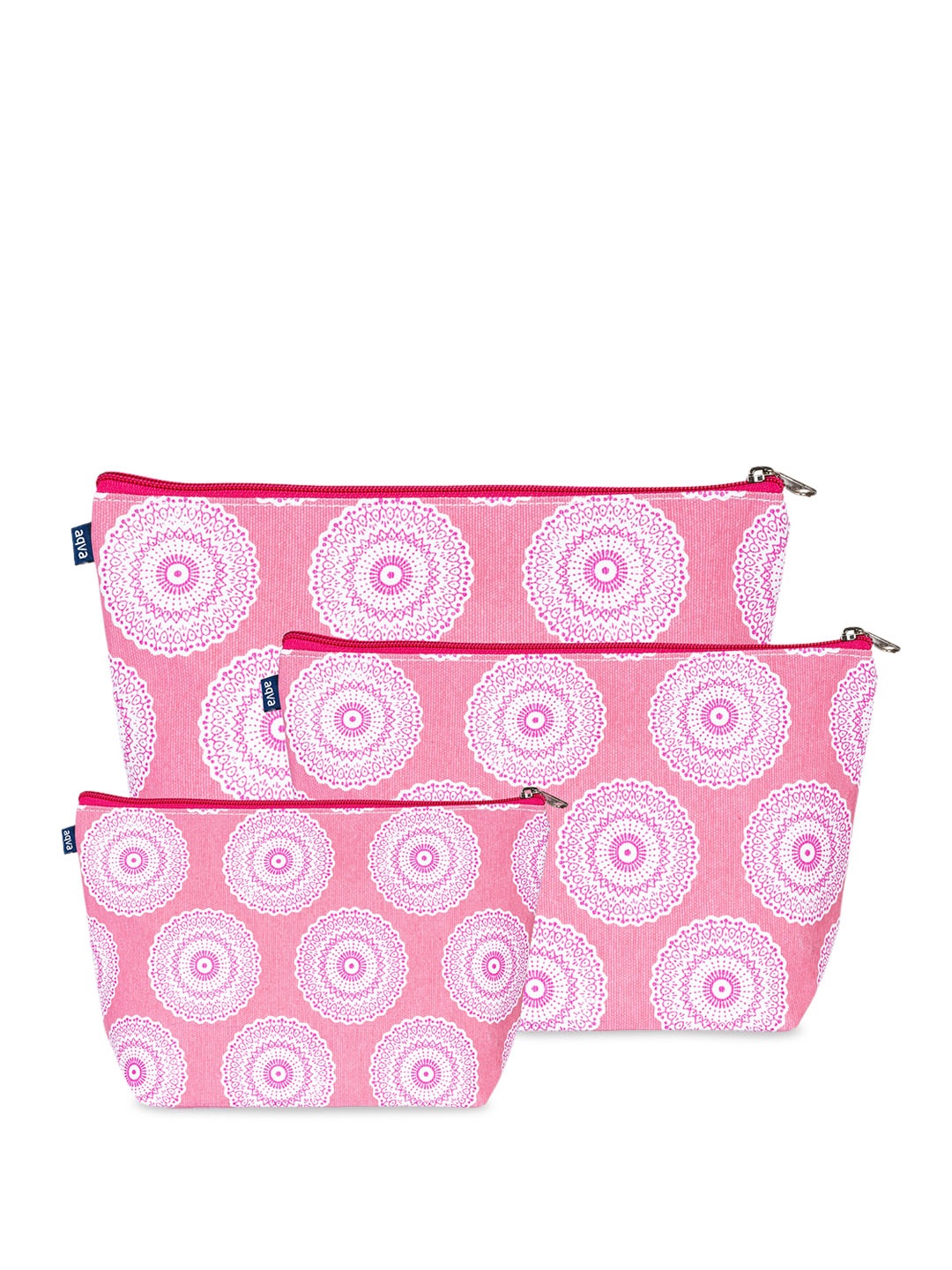 

AQVA Set of 3 Ethnic Motif Printed Eco Friendly Cotton Canvas Travel Pouch, Pink