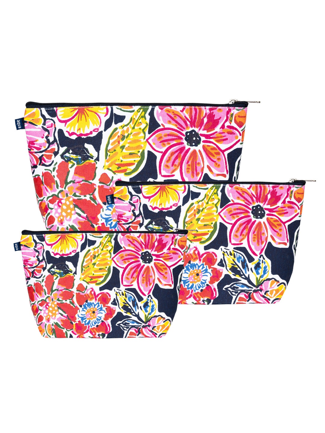 

AQVA Set of 3 Floral Printed Eco Friendly Cotton Canvas Travel Pouch, Navy blue