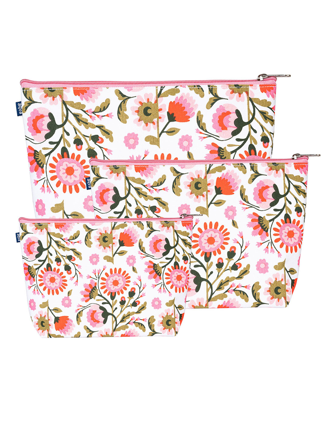 

AQVA Set of 3 Floral Printed Eco Friendly Cotton Canvas Travel Pouch, White