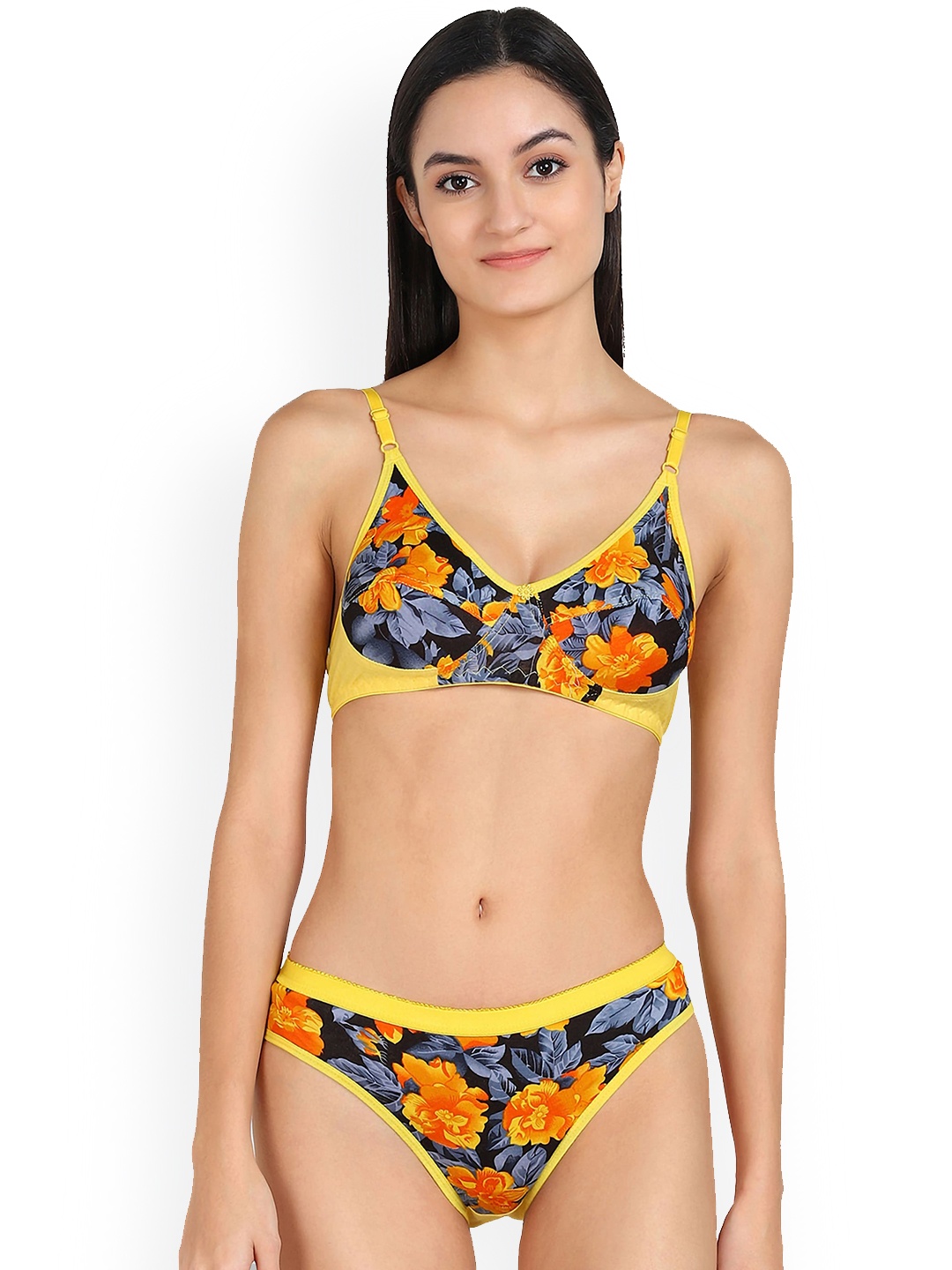 AROUSY Floral Printed Cotton Briefs Lingerie Set, Black
