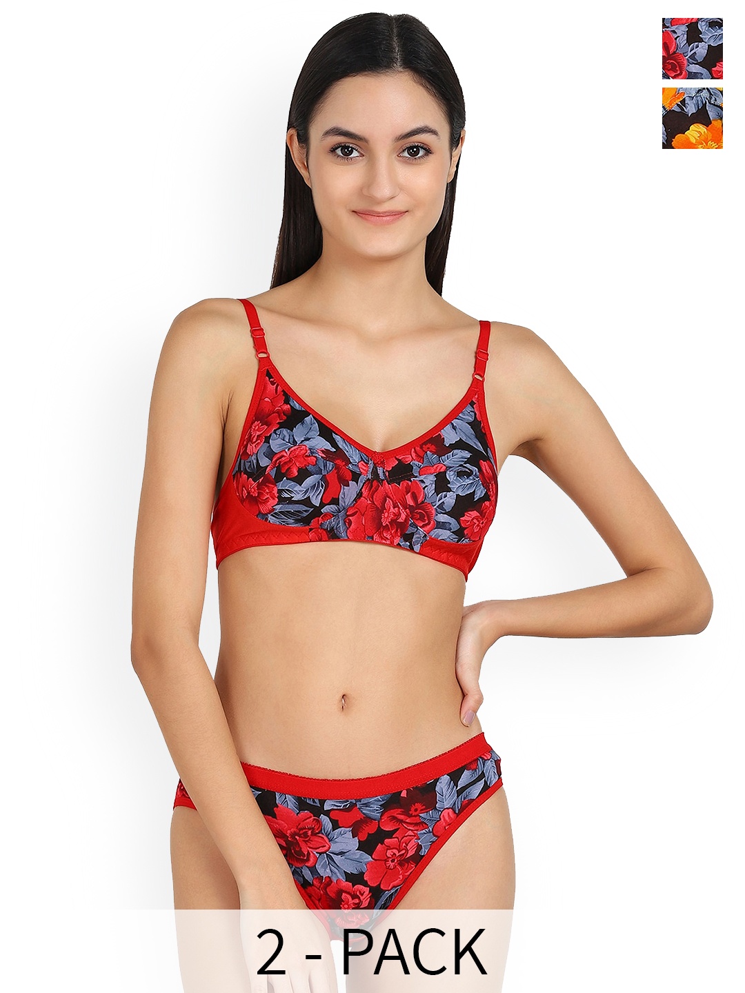 AROUSY Pack Of 2 Printed Cotton Lingerie Sets, Yellow
