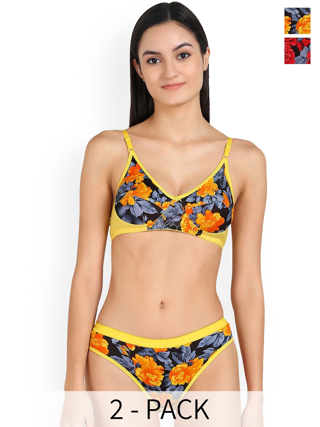 

AROUSY Pack Of 2 Printed Cotton Lingerie Sets, Yellow