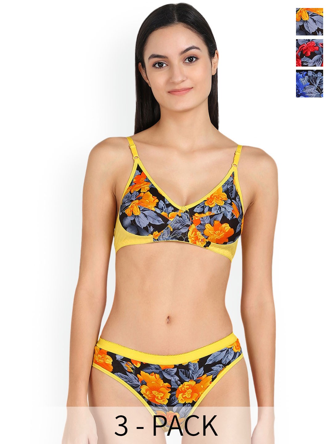

AROUSY Pack Of 3 Printed Cotton Lingerie Sets, Blue